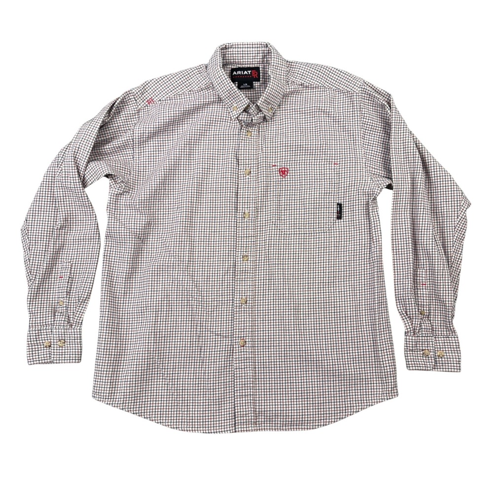 Ariat FR Work Shirt Mens Large White Red Blue Plaid Flame Resistant CAT 2